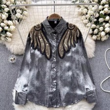 Damen Samt Pailletten Bluse