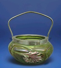 L0645 Jugendstil Henkelschale Pallme König & Habel, Glas irisiert, Aufschmelzung