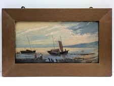 H. EBERLE Ölgemälde um 1900 SIGNIERT Ufer BOOT Fischer MARINE Hafen Segel antik