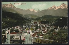 Berchtesgaden, Panorama mit Trachten, Alpen im Hintergrund, Ansichtskarte 1909 