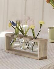 Glas Blumen Vase mit Halter, recyceltes Holz, 3er Vasen Set Tisch Deko Halterung