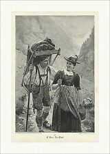 Zu Thal E. Rau Bergwandern Paar Trachten Lederhose Dirndl Stock Holzstich A 2348