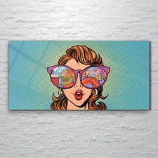 Glasbilder Wandbild Druck auf Glas 120x60 Frau mit Sonnenbrille Pop Art Retro