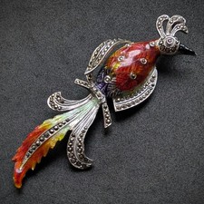 Vintage Vogel Emaille Brosche Sterling Silber 925 Markasit XL alt