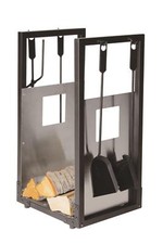 Holzkorb inklusive Kaminbesteck in Schwarz beschichtet mit Edelstahl Einlage