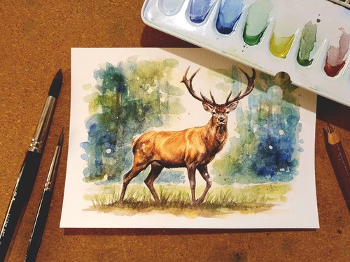 Aquarell hirsch wald - hirsch,