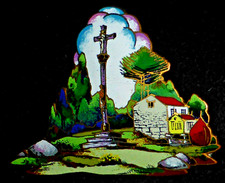 Seltene & atemberaubende antike ländliche Landschaft Emaille Messing Plakette für Box/Kreuz um 1900