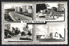 Wolfsburg Eichelkamp, Hochhäuser, Springbrunnen, Ansichtskarte 
