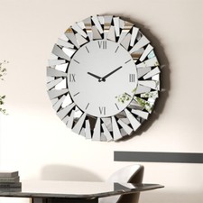 Silber Wanduhr 3D Abgeschrägte Glaskante Quarzuhrwerk 80cm Wanduhr Küche Büro DE