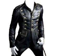 Herren Echt Lammleder Schwarz Leder Gothic Steampunk Militär Stil Cosplay Jacke