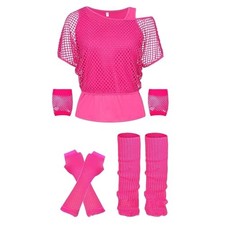 Damen Shirt +Tops Set Neon 80s Aerobic Outfit Kleidung Kostüm 80er Jahre Pink L