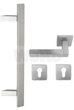 Edelstahl Haustür Beschlag- Flachgriff- Set auf  quadratischen Rosetten 841Z