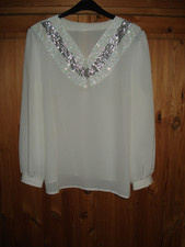 elegante festliche Damen Bluse weiß mit vielen Pailetten/ Strass Gr. XL Langarm
