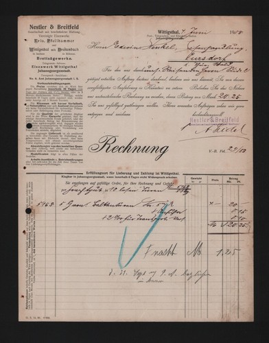 Wittigsthal rechnung 1908 - wittigsthal,,