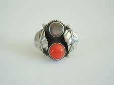 925 Sterlingsilber Ring m. Blattverzierung,1 x Seeopal & roter Stein 3,6 g/Gr.52