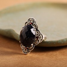 I03 Ring facettierter Blaufluss und Markasit Silber 925 größenverstellbar