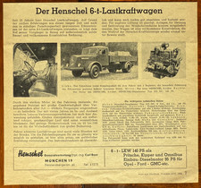 HENSCHEL 6-t-Lastkraftwagen Lkw Pritsche Kipper techn. Daten - Werbung 1950