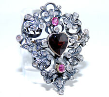 Antik Brosche /in Silber: Diamanten & Granat Herz &2 Rubine / 585 Gold 14 Karat