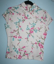 Ƹ̵̡Ӝ̵̨̄Ʒ Asia Shirt Top Crop Bluse Weiß Rosa Hellblau Blumen Stretch XS-S 34-36