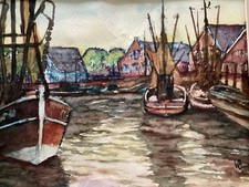 Original Gemälde Aquarell Alter Sielhafen Kutter Fischkutter Hafen Sig. W.Barth