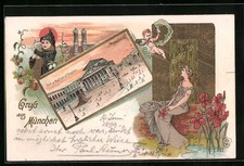 Lithographie München, Hof- u. Nationaltheater, Frau im Jugendstil 1899 