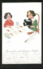 Künstler-AK H.S.B.: Junge Reiterin lässt sich von einer Hellseherin die Karten  