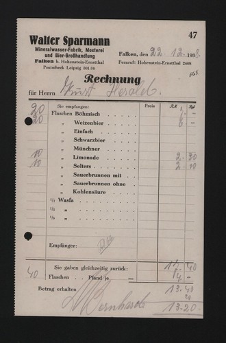 Falken rechnung 1938 walter - 1938,,