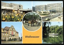 Weißwasser, Ansichtskarte, Jahnteich mit Schiffsbar, Kaufhaus Magnet, Rathaus 