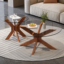 Runder Couchtisch aus Glas mit Gekreutzem Holzsockel, Moderne Beistelltische