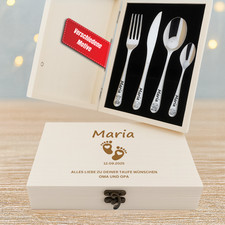 Kinderbesteck mit Gravur / Frühstücksbrettchen  / Holzbox / Personalisiert Namen