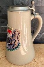 Bierkrug mit Zinndeckel GERZ " Wappen von Bayern " Tongeschirr cm 21,5. 1 LITER 
