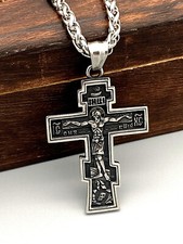 Edelstahl Anhänger Kreuz Jesus Orthodox Kruzifix Silber Herren Halskette