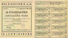 Holzindustrie AG 1923 Ludwigsburg Stuttgart Fürth Bayern Kupons 10.000 M Lit. B