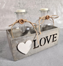 Shabby Chic LOVE Holzbox 2 Vasen Wasseröhrchen Deko Fläschchen Landhaus Vintage