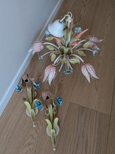 Vintage Florentiner Deckenlampe + 2 Wandlampen Set Blumen Metall Wunderschön