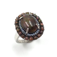 925 Sterling Silber Ring schwarzer Opal 5.13ct Vollopal blauer Topas 18.8mm / 59