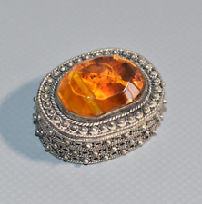 Pillendose Antik Vintage Amber Bernstein Dose Deckeldose 925 silber Fach #H3V
