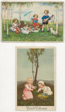 95/364 AK KINDER PICKNICK MUSIK HUND TEDDY + MÄDCHEN BLUMENWIESE BLUMENKORB