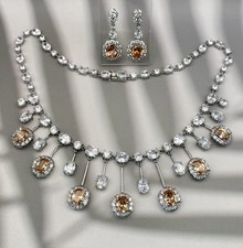 Set Collier Ohrringe 925 Silber Weiße Orange Steine Kette Ohrstecker Schmuck 