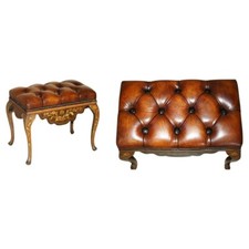 ANTIKER NIEDERLÄNDISCHER UM 1860 BRAUNER LEDER PALISANDER CHESTERFIELD HOCKER KLAVIERBANK
