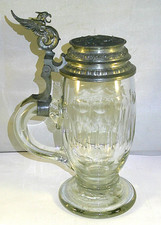 Antiker Historismus Glas Bierkrug mit Zinndeckel - Ziegenbock - Greif