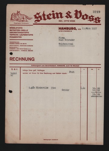 Hamburg rechnung 1937 stein - hamburg,,