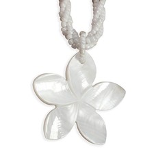 Weiße Halskette 46cm Muschel Anhänger 3,5cm Blume Frangipani Handarbeit N164