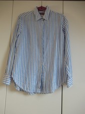 0039 Italy maritime Bluse Damen blau weiß gestreift Gr. M Leinen Baumwolle