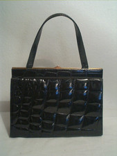 edle Damen Handtasche schwarzes  Leder in Kroko Prägung  50 / 60iger Vintage