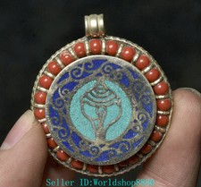 2.5'' Tibet Buddhismus Silber Inlay Jade Buddhistische Symbole Anhänger Amulett