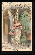 Engel mit Liederbuch schwebt unter der Kirchenglocke, Ansichtskarte 