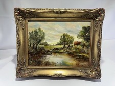 Ölgemälde auf Holz signiert Herzog Landschaft mit Fluss im Barockrahmen