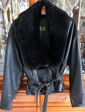 Vintage 80er Lederjacke "E & E Collection" mit Lamm Pelzkragen/Schwarz, Gr. 38