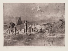 W. WERKMEISTER (*1941), "Norwegischer Sommer" mit Badesee,  1978, Rad. Expressio